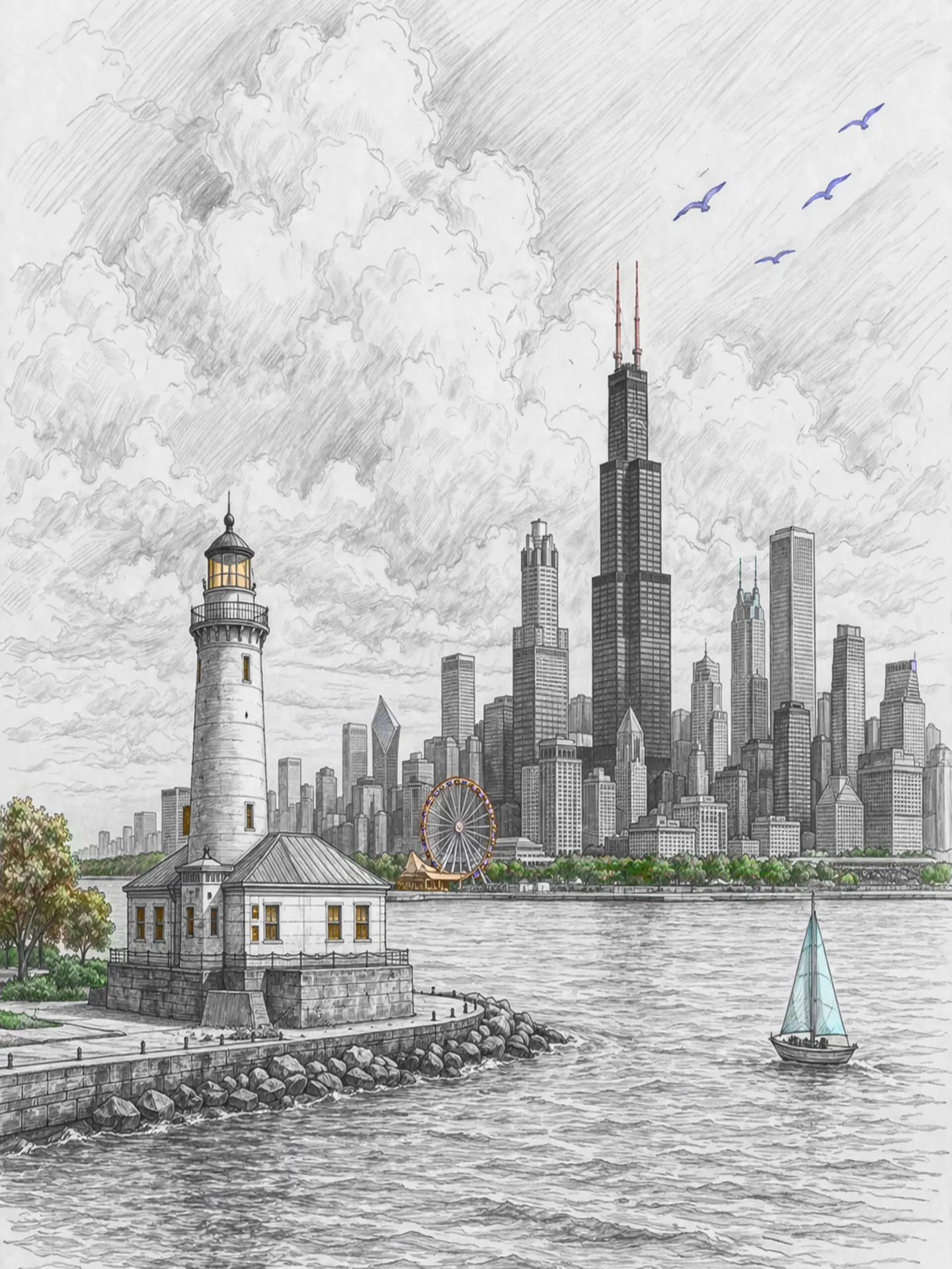 Sketch Lighthouse Chicago Navy Pier 18x24in