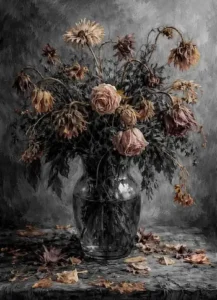Unbroken in Silence Art print — Dried Flower Digital Art in black gray and dusty rose, Petals in Silence Collection by A Touch of Color