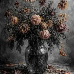 Unbroken in Silence Art print — Dried Flower Digital Art in black gray and dusty rose, Petals in Silence Collection by A Touch of Color